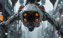 an industrial robot with yellow eyes and arms in the air