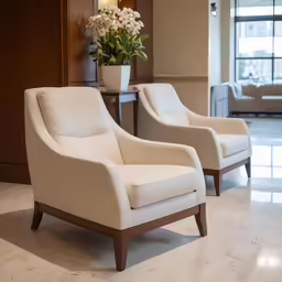 two chairs in a living room next to a table
