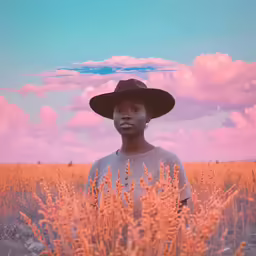 an african woman wearing a hat in a field