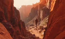 a man standing alone in the middle of rocky terrain