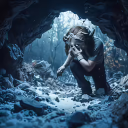 a man in black shirt crouching next to rock in cave