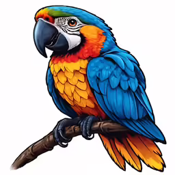 a colorful parrot perched on a branch in front of a white background