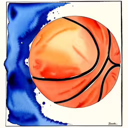 this is an image of watercolor painting of a basketball ball,an image of basketball on blue and white paper