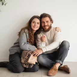 a young man and woman posing for the camera in an empty room