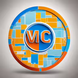 a blue and yellow logo on a gray background,a blue and orange circle on top of bricks