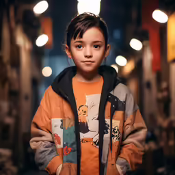 a little girl standing in front of a store with lights