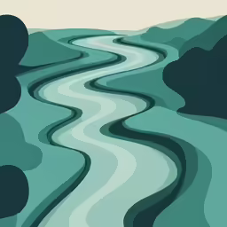 an abstract painting of a river, with a few small trees and mountains in the background