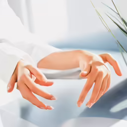 hands reaching for a green plant that is placed on top of the glass table