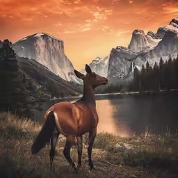 a deer with a mountain landscape in the background