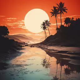 a large sunset reflects the sky with palm trees