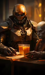 two characters one is eating and drinking beer