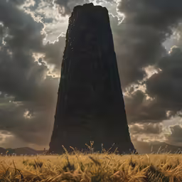 a large tower in a field with some clouds above it