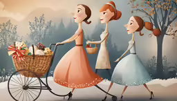 two women carrying a basket in the snow