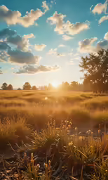sun shining through the clouds above a field
