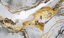 a tiger appears to be walking through a tree filled with snow