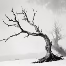 a bare tree is shown in a black and white photo