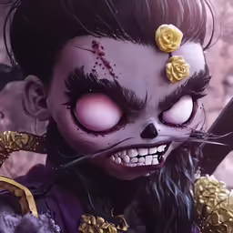an evil doll wearing flowers on her face
