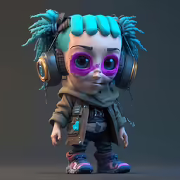 a little girl with pink and green hair wearing headphones