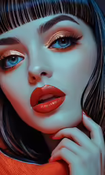 a woman with red lipstick and orange makeup