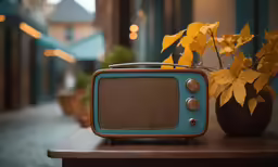 an old radio sits on a table in front of the store
