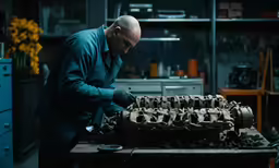 a man in blue jacket and shirt working on an engine