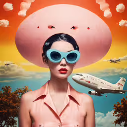 a woman with a blue sun hat and large sunglasses and airplane flying in the sky,a young woman with sunglasses on her head and a plane in front of her