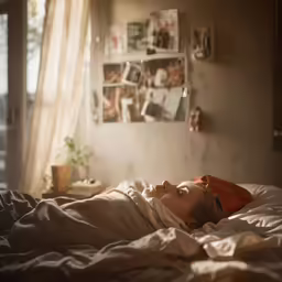 a woman that is laying down in a bed