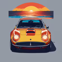 an old style car with the sun rising in the background,an orange car driving down a road next to the ocean