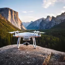a white and blue remote control flying over mountains
