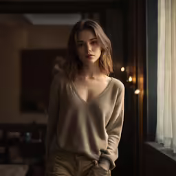 a woman is standing next to a window