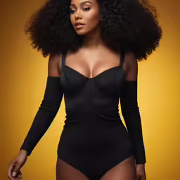 the topless woman in black is posing
