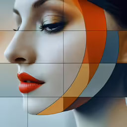 there is a woman with orange lipstick and an abstract pattern