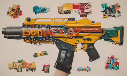 this colorful painting shows a yellow and black gun, a canister and pictures of objects