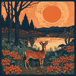a painting of a deer in a forest with flowers,a drawing of a deer near a river under a red sun