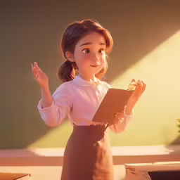 a young girl dressed in a dress holding a clipboard
