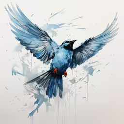 an artistic painting of a blue bird,a painting of a blue bird with splashes of paint