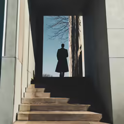a man walking up some stairs in front of a building