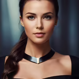 a woman in black is wearing a choker necklace