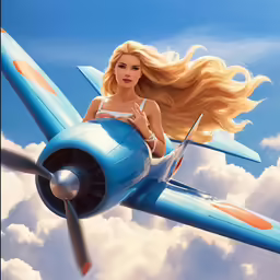 the girl is flying on an airplane in the clouds