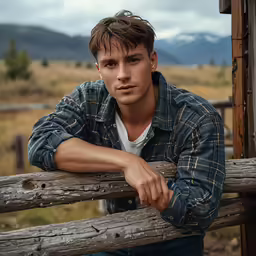 a boy leaning on a fence in a field