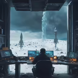 man sitting at desk looking out into large space