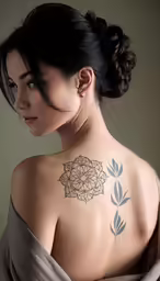 a woman with tattoos showing a flower on her shoulder