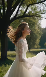 an attractive woman is wearing a long sleeved wedding dress