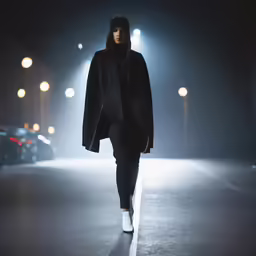 a woman is walking on the runway at night