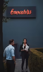business woman talking to a man outside of a building