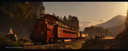 a red train traveling past a forest under a sky,a red train traveling through a forest filled with tall trees