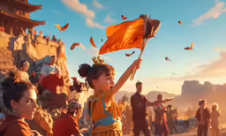 a child with an orange flag next to a group of other children