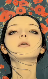 a woman with long hair wearing flowers around her head