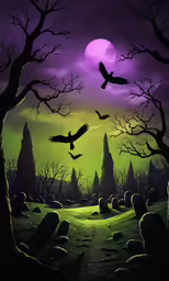 a painting of halloween night scene with graveyard, turkey and a full moon