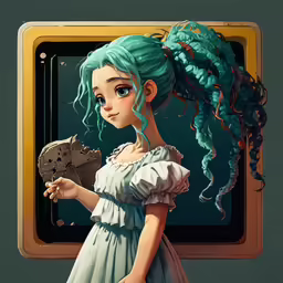 a girl with blue hair and a large blue ponytail holding a cookie in one hand